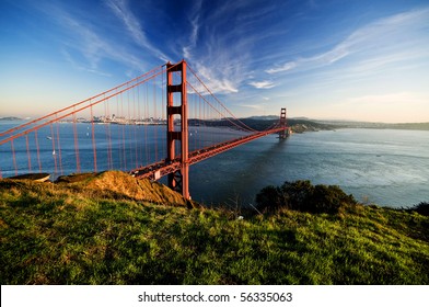 Golden Gate in clear blue sky with green grass as foreground. San Francisco, USA. - Powered by Shutterstock