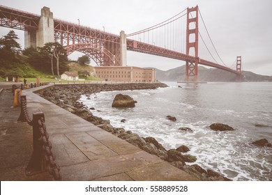 Golden Gate When Sunset With Fog In Winter,San Francisco,California,usa.