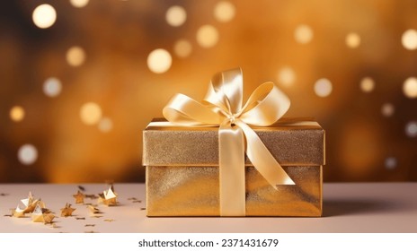 a golden gift box on a blurred background on the floor - Powered by Shutterstock