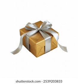 Golden gift box and silver ribbon - Cutout isolated on a white background - Powered by Shutterstock