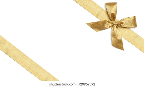 Golden Gift Wrap Ribbons For Christmas, Isolated On White Background In HD 16:9 Format Crop And Diagonal Cut
