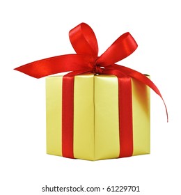 Golden Gift Wrapped Present With Red Satin Ribbon Bow Isolated On White