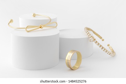 Golden girl accessories two golden bracelets and ring on white background - Shutterstock ID 1484525276