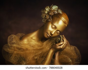 Golden Girl With Gold Flower Golden Girl Statue