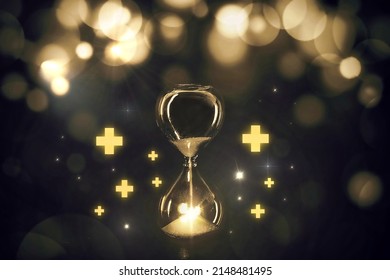 Golden glass hour with the positive icon with bokeh light, abstract meaning of time of healing, time healing mental health,Mental health care, positive thinking, positive energy, depression cure.