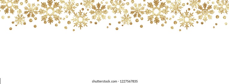 Golden Glitter Snowflake Borders Isolated On Black Background. 