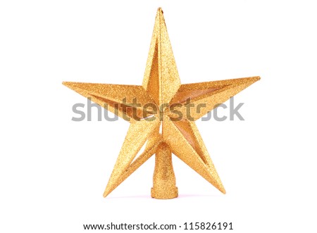 Golden glittering star shaped Christmas ornament isolated on white background