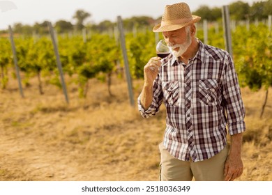 In the golden glow of sunset, an elderly man in a straw hat enjoys a glass of red wine, immersed in the tranquil beauty of his sprawling vineyard, reflecting on the harvest - Powered by Shutterstock