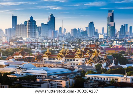 The Golden Grand Palace of Bangkok. with skyscraper view of cityscape at sunrise time. The most favorite landmark of travel destination of asia. Best of amazing beautiful scene of Thailand. 
