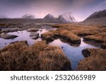 Golden grasses surround a reflective pond under misty mountains, with a tranquil sky casting a serene glow on the landscape.