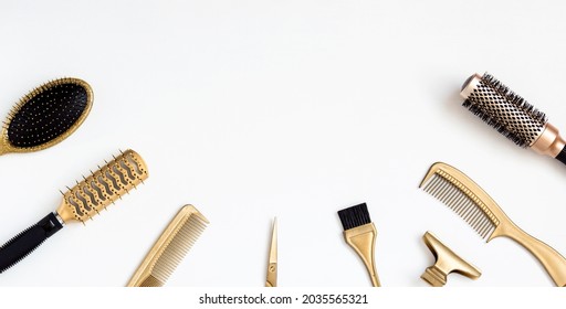 Golden Hairdresser Tools On A White Background, Scissors, Comb, Clip, Brush. Hair Salon Accessories, Template With Space For Text