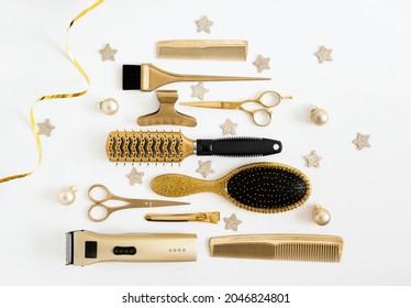 Golden Hairdressing Tools In The Shape Of A Christmas Tree. Scissors, Comb, Brush, Clip, Hair Salon Accessories, Flatlay, Top View.Holiday Card, Template.