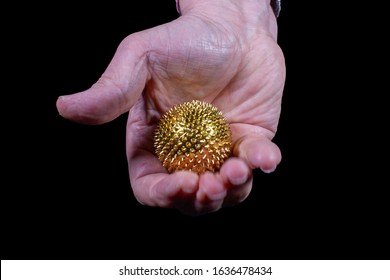 Golden hedgehog ball held by a hand against black background