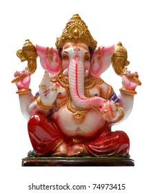 Golden Hindu God Ganesha over a white background
