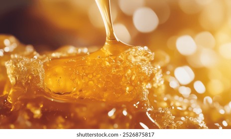 Golden honey drips gracefully, showcasing its rich texture and natural sweetness. vibrant color and glistening bubbles evoke sense of indulgence and luxury. - Powered by Shutterstock