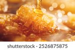 Golden honey drips from honeycomb, showcasing its rich texture and sweetness. warm tones and glistening surface evoke sense of indulgence and natural goodness.