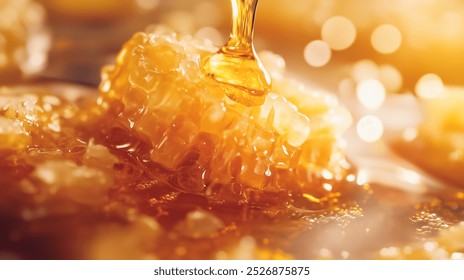 Golden honey drips from honeycomb, showcasing its rich texture and sweetness. warm tones and glistening surface evoke sense of indulgence and natural goodness. - Powered by Shutterstock