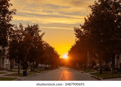 Golden hour glow covers a tree lined suburban street - tranquil neighborhood embraced by warm autumn colors - sunset casting serene silhouettes - Powered by Shutterstock