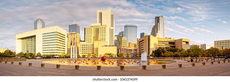 Golden Hour Panorama Of Downtown Dallas Skyline From City Hall - North Texas