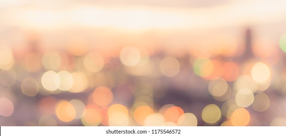 Golden Hour Sky With City Rooftop View Blur Background With Cityscape Business Corporate Office Building Landscape Blurry Twilight Night Lights Skyline Nightlife Bokeh For Evening Party 