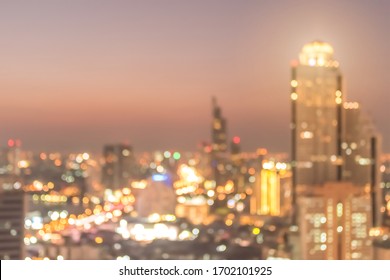 Golden Hour Sky With City Rooftop View Blur Background With Cityscape Business Corporate Office Building Landscape Blurry Twilight Night Lights Skyline Nightlife Bokeh For Evening Party 