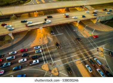 Golden Hour Sunset In Austin Texas USA Highway Traffic Aerial Photography Intersection And Motion In A Fast Paced Urban Life