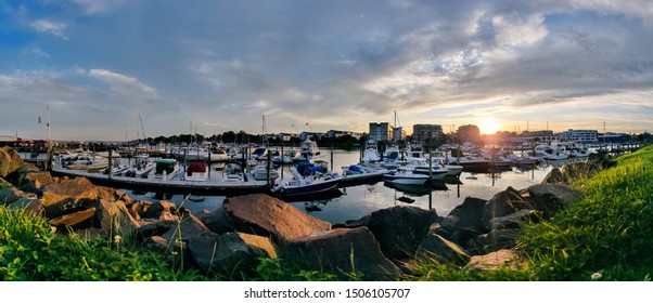 Golden Hour Sunset Over Harbor - Panorama View Of Harbor View, Stamford City, Connecticut	