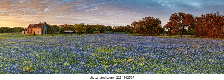 Golden Hour Sunset Panorama of the Bluebonnet House in Marble Falls Burnet County Texas Hill Country - Powered by Shutterstock