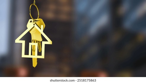 Golden house keychain image over blurred urban background. cityscape, blurred background, motion, real estate, luxury, symbolic - Powered by Shutterstock