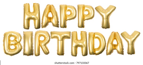 Golden Inflatable Happy Birthday spelling letters isolated on a white background.
