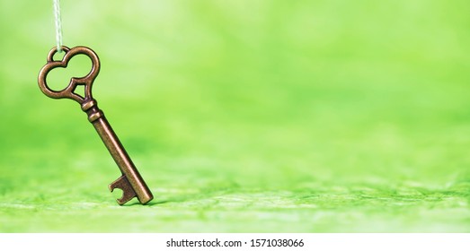 Golden Key On Green Marbled Background, Possibility, Success Concept, Web Banner With Copy Space