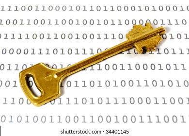 Golden key on a sheet with binary encrypted data