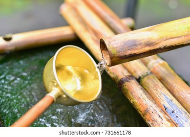 Golden Ladle And Water Pipe At A Japanese Shrine