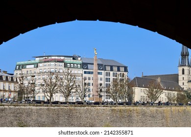 Golden Lady Or Gelle Fra Monument Of Remembrance Seen From Under An Arch. Luxembourg, Luxembourg - March 26, 2022