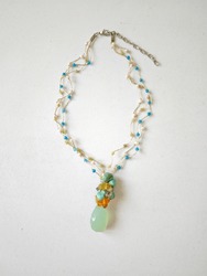 Golden Layers Of Semi Precious Stones And Fresh Water Pearls Necklace With Entangled Green Mosaic Necklace 