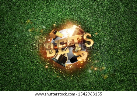 Golden Lettering Bets with soccer ball and green lawn background. Bets, sports betting, watch sports and bet. flat lay, top view.