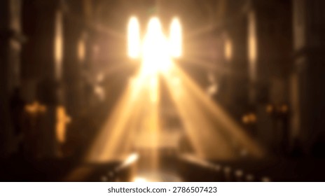 Golden light rays stream through three arched windows, illuminating a dark and blurred church interior with visible pews, creating a serene and spiritual atmosphere.