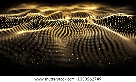 Golden line of motion tech digitals background. Golden wave glowing backdrop. Yellow line graphic art pattern on the black background. The effect movement of the curve designed for power technology