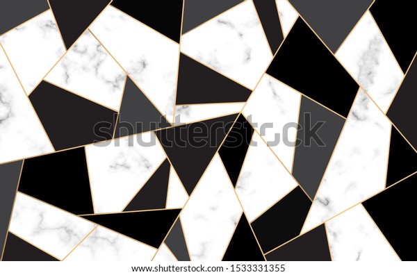 Golden lines pattern background. Mosaic gold and black. White marble texture background. Luxury style.
