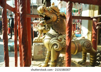 A Golden Lion Statue In Kathmandu, Nepal