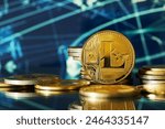 Golden litecoin cryptocurrency and abstract blue graphic background