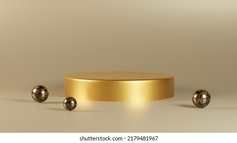 Golden luxury pedestal for product display, luxury cylinder blank stage, 3D Render