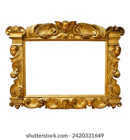 Golden luxury photo frame with cupid and goddess carvings on white background.