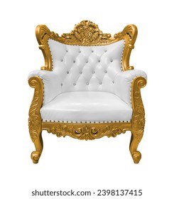 Golden luxury throne chair white leather seats isolated on white background