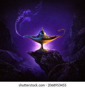 Golden magic lamp on bright and purple background - Shutterstock ID 2068953455