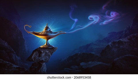 Golden Magic Lamp On Bright And Blue Background