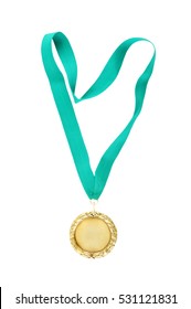 Golden Medal With Green Ribbon Isolated On White Background