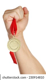 Golden Medal In Hand Isolated On White