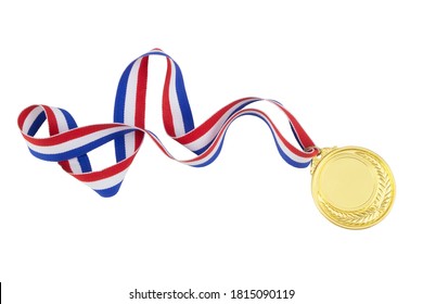 Golden medal with ribbon isolated on white background 