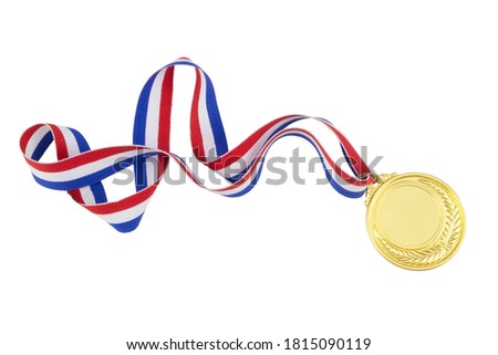 Golden medal with ribbon isolated on white background 